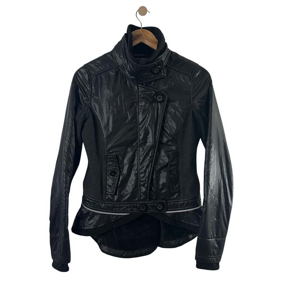 Lululemon Athletica Black Mixed Media Hybrid Peplum Jacket Funnel Neck Women